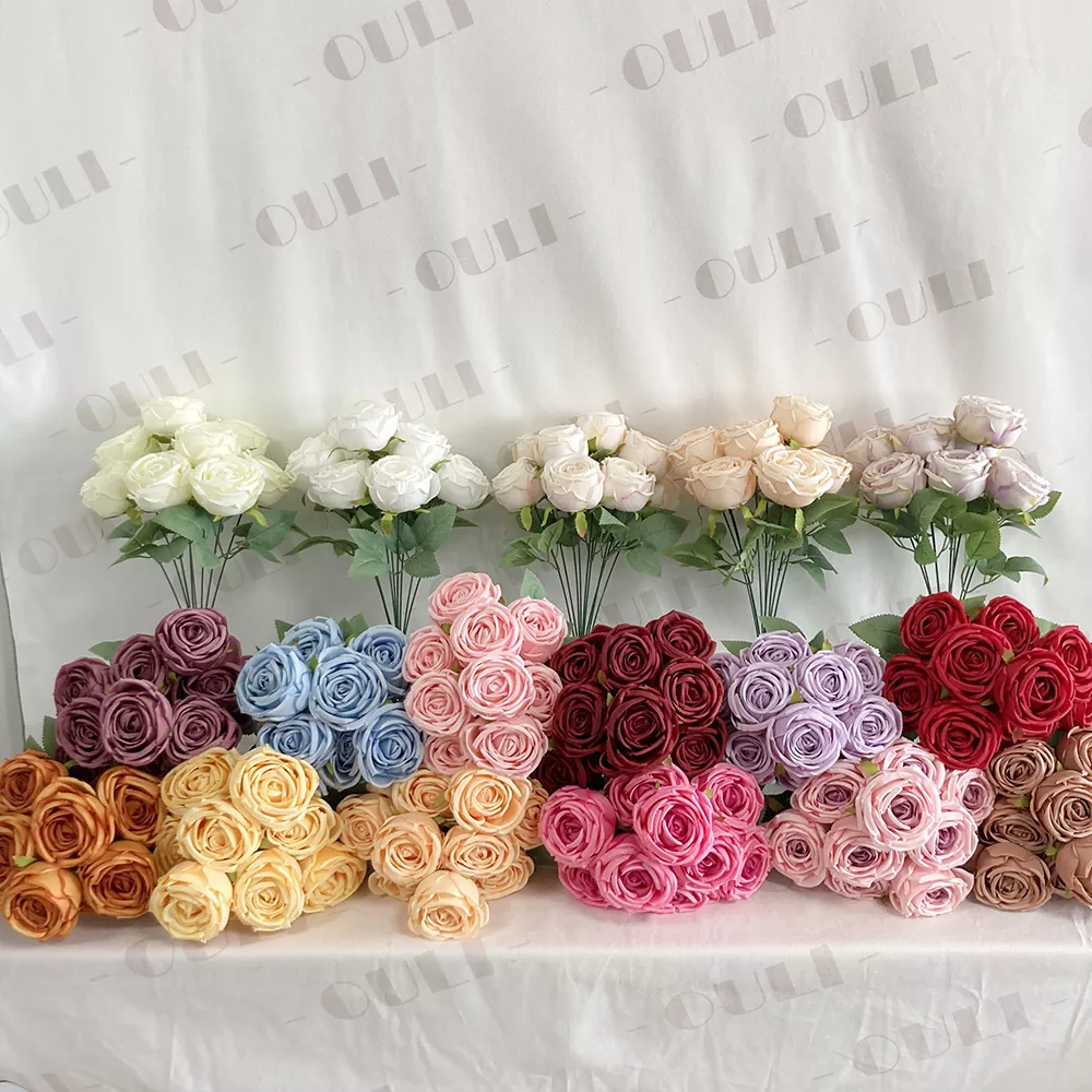9 cabeças de buquê de rosa artificial